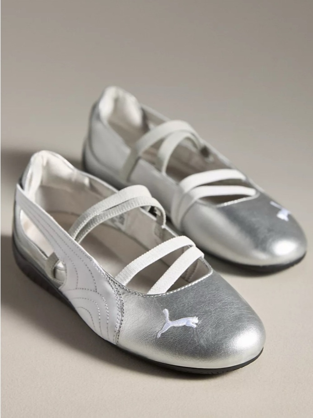 Puma Ballet Metallic Silver Ballet Flats with Elastic Cross Straps